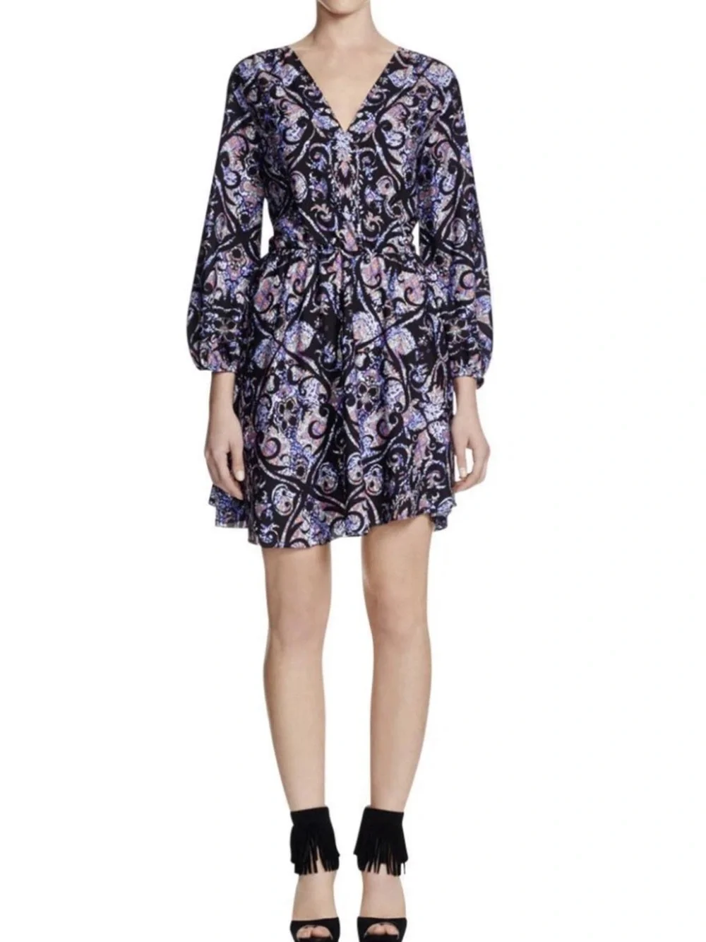 Amanda Uprichard Chelsea Silk Dress Floral Paisley Surplice Long Sleeve Small